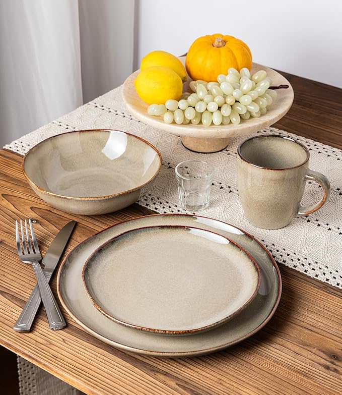 GBHOME Stoneware Dinnerware Sets for 4, 12 Pieces Rustic Ceramic Plates and Bowls Set, Handmade Reactive Glaze Plate Sets, Highly Chip Resistant Dishes, Microwave & Dishwasher Safe, Driftwood Taupe