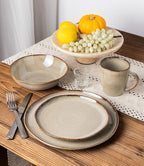 GBHOME Stoneware Dinnerware Sets for 4, 12 Pieces Rustic Ceramic Plates and Bowls Set, Handmade Reactive Glaze Plate Sets, Highly Chip Resistant Dishes, Microwave & Dishwasher Safe, Driftwood Taupe