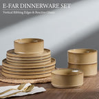 E-far 16 Piece Dinnerware Sets, Plates and Bowls with Pasta Bowls Service for 4, Modern Stoneware Ribbed Dishes for Kitchen Dining, Microwave & Dishwasher Safe, Caramel Khaki