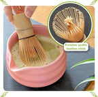 Matcha Whisk Set- Matcha Set includes Matcha Whisk and Bowl with Spout, Sifter, Holder and Scoop- The Perfect Bamboo Whisk for Matcha Tea (Pink)