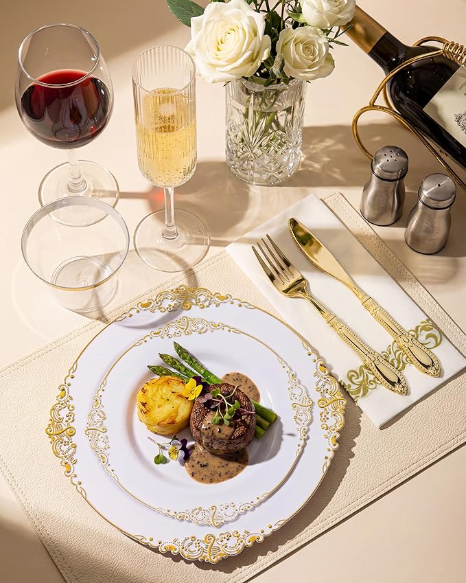Morejoy 350PCS White and Gold Plastic Plates - Gold Plastic Dinnerware Set Include 50Dinner Plates, 50Dessert Plates 150Cutlery, 50Cups, 50Napkin Perfect for Party & Wedding