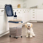 IRIS USA Dog Food Storage Container, 30 lbs & 11 lbs Combo, Cat Food Storage Container, Dog Treat Container, Airtight, Stackable, 2-Cup Scoop, Wheels, Easy Mobility, Navy