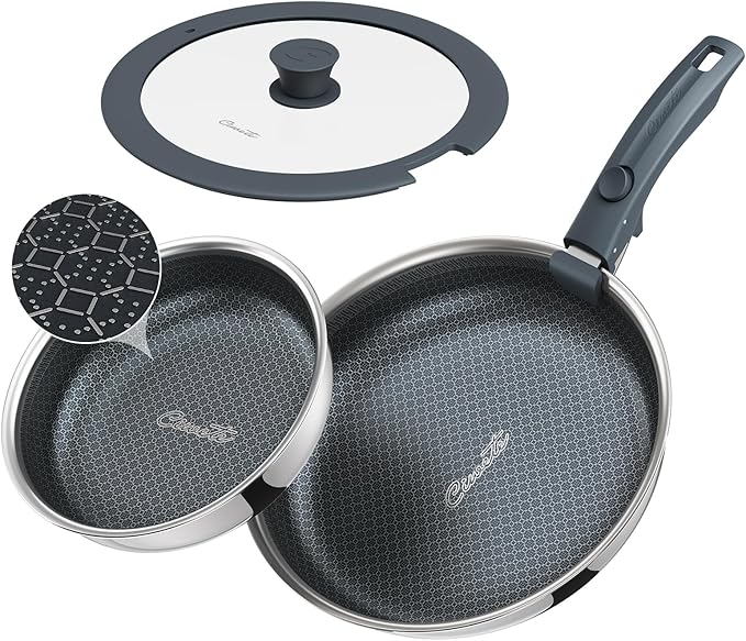 Hybrid Non Stick Frying Pans Set 4-Piece, 8 & 9.5 Inch Tri-Ply Stainless Steel Pans with Lid and Detachable Handle, PFOA Free Skillets for All Cooktops, Dishwasher & Oven-Safe Cookware Set