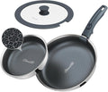 Hybrid Non Stick Frying Pans Set 4-Piece, 8 & 9.5 Inch Tri-Ply Stainless Steel Pans with Lid and Detachable Handle, PFOA Free Skillets for All Cooktops, Dishwasher & Oven-Safe Cookware Set