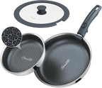 Hybrid Non Stick Frying Pans Set 4-Piece, 8 & 9.5 Inch Tri-Ply Stainless Steel Pans with Lid and Detachable Handle, PFOA Free Skillets for All Cooktops, Dishwasher & Oven-Safe Cookware Set