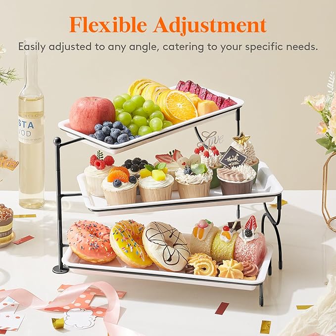 Lifewit 3 Tier Serving Tray, 36 x 17 cm/14 x 6.5 White Plastic Tiered Food Serving Platters, Rotating Tiered Tray Stand for Party with Black Collapsible Metal Stand, Dessert Table Stands for Cookies