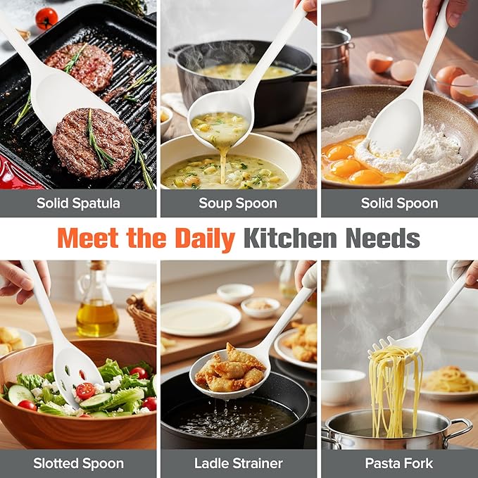 Large Silicone Utensils Set of 7 for Cooking,No Scratch for Nonstick Cookware,Pasta Server,Spaghetti Spoon,Slotted Spoon&Spatula,Solid Spoon&Spatula,Skimmer,Soup Ladle BPA Free Heat Resistant (White)
