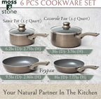 Moss & Stone 6 Pcs Dark Grey Nonstick Cookware Set, Pots And Pans Set Non stick With Glass Lid, Induction Cookware, Stay-Cool Handle PTFE/PFOA Kitchen Pots 6-Piece with Frying Pans & Saucepan