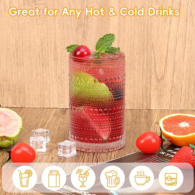 Moretoes Kitchen Hobnail Drinking Glasses Set of 6, 12 Oz Highball Glasses & 10 Oz Cocktail Glasses, Clear Embossed Boho Glass Cups Kitchen Bar Tumbler Glassware Set for Whiskey, Beer, Juice, Milk