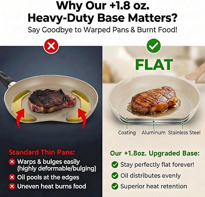 JEETEE 9.5 inch Nonstick Frying Pan Granite Stone Coating Cookware, Nonstick Omelette Skillet with Soft Touch Handle, Compatible with All Stoves (Beige)