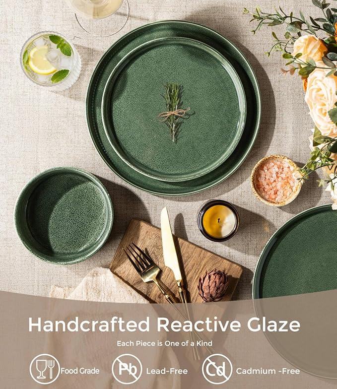 GBHOME 24-Piece Stoneware Dinnerware Set for 8 – Ribbed Ceramic Plates and Bowls, Scratch-Resistant, Microwave & Dishwasher Safe, Reactive Glaze, Dark Green