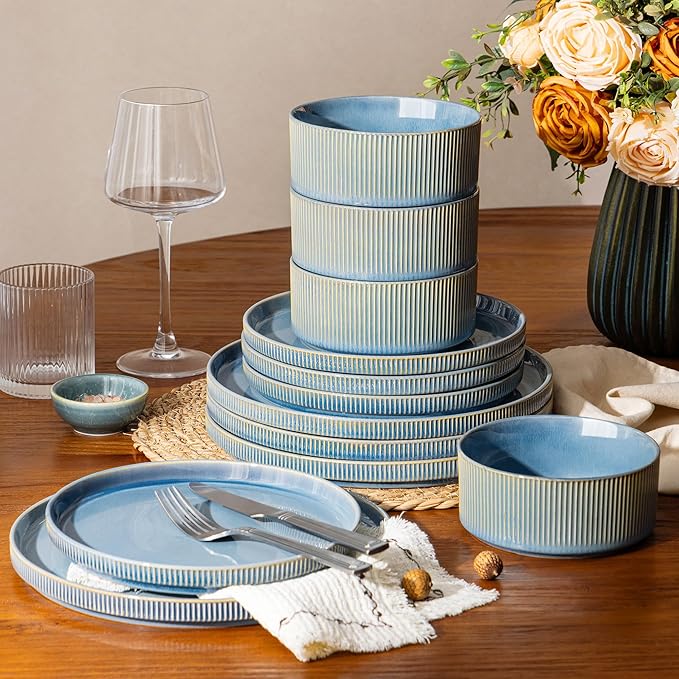 GBHOME 12-Piece Stoneware Dinnerware Set for 4 – Ribbed Ceramic Plates and Bowls, Scratch-Resistant, Microwave & Dishwasher Safe, Reactive Glaze, Alaskan Blue