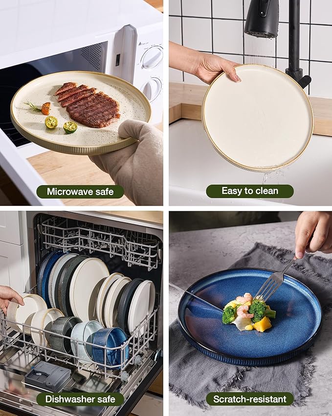 Famiware Star 12-Piece Stoneware Dinnerware Sets with Trim, Service for 4, Ceramic Plates and Bowls Set, Modern Rustic Dishes, Everyday/Formal, Chip/Scratch Resistant, Microwave/Dishwasher Safe, White