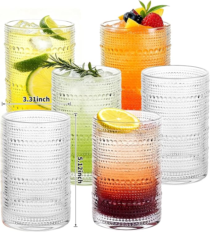 Hobnail Drinking Glasses Set of 6, 16 Oz Vintage Style Tumblers Smooth Interior Thick Durable Glasses Cups Dishwasher Safe for Water, Juice, Wine, Whiskey
