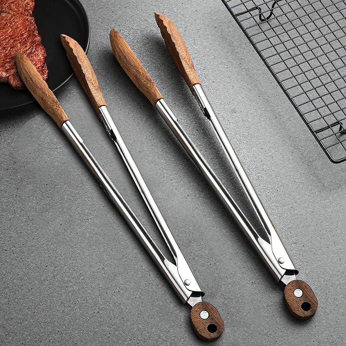 2 Pcs Walnut wood tongs Kitchen Tongs for Cooking 12-Inch Kitchen Tongs Grilling for Serving Food, BBQ, Cooking, and