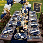 KIRE 175Pcs Blue Plastic Plates - Navy Blue Plates Disposable - 25 for Dinner 25 for Dessert 25 Pre Rolled Napkins with Gold Plastic Silverware and 25 Cups for Birthday/Wedding/Passover/Graduation