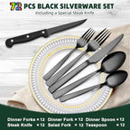 CEKEE 72-Piece Black Silverware Set with Steak Knives, Stainless Steel Flatware Set for 12, Tableware Cutlery Set, Kitchen Utensils Set for Home & Restaurant, Heavy Duty & Mirror Finished