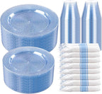 DaYammi 350 Pieces Blue Glitter Dinnerware Set 50 Guest for Party- 50 Dinner Plates, 50 Dessert Plates -50 Per Rolled Napkins with Blue Cutlery - 50 Disposable Cups 9 OZ