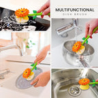 Vigar Flower Power Dish Brush with Handle and Vase Dish Brush Holder, Kitchen Scrub Brush for Pot Scrubber, Dishes, and Sink Cleaning, Orange, Green