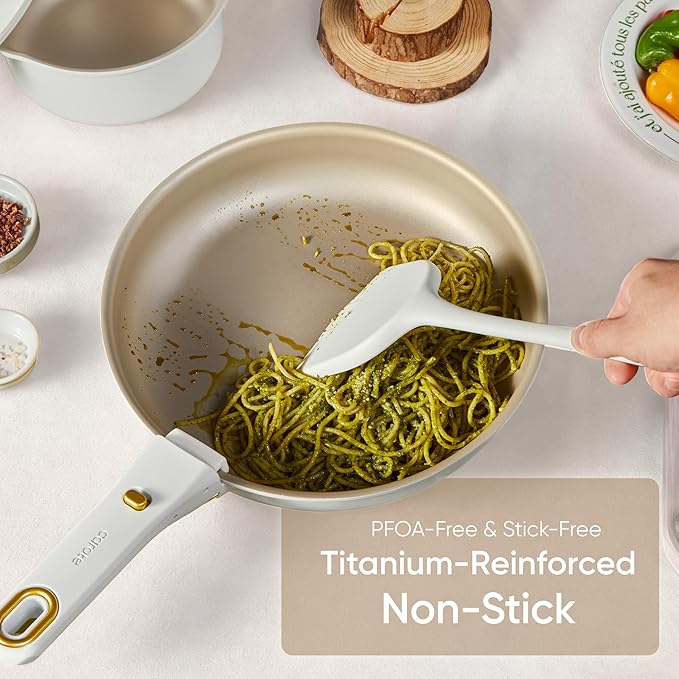 CAROTE 19Pcs Titanium Reinforced Nonstick Pots and Pans Set, Nonstick Cookware Set with Detachable Handle, Gold-Trimmed Cookware Sets, Removable Handles, Induction, Dishwasher Safe, Oven Safe, White