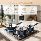 Nonstick pots and pans set 14 Pcs, Induction Cooking Set with Pour Spouts and Oven Safe for Casserole, PFOA FREE, Classic Black,Compatible with All Cooktops,Heat-resistant and comfortable handle