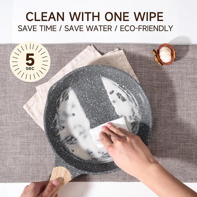 JEETEE Nonstick Frying Pans Skillet with Lid, 8" Granite Non-Stick Frying pan, Aluminum Pans with Bakelite Handle, Compatible with All Stovetops (Gas, Electric & Induction), Grey
