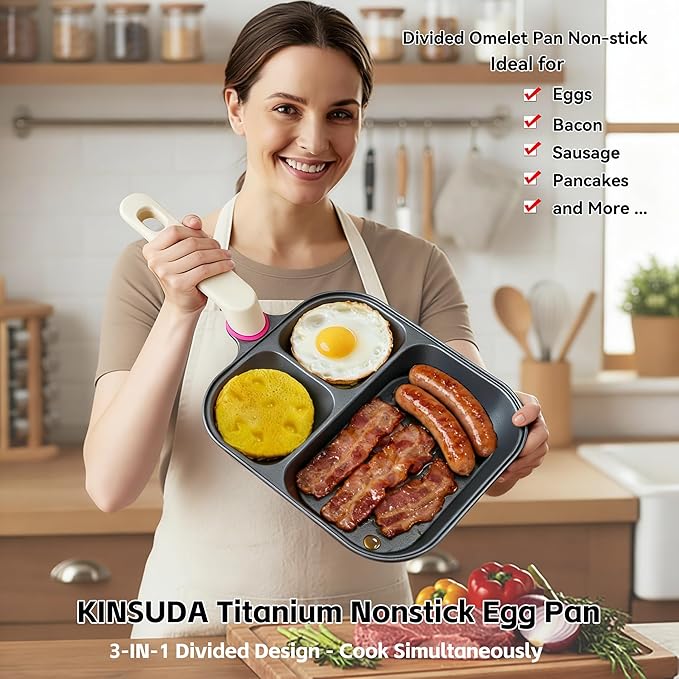Titanium Nonstick Egg Pan 9.25" - 2 Round & 1 Square Compartments, PFOA/PTFE Free, Works on Gas/Induction/Electric Stovetops, Cooks Bacon, Pancakes & Eggs Simultaneously
