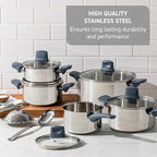 T-fal Essentials Stainless Steel Saute Pan with Lid 3.5 Quart, Induction Compatible, Oven Safe 350F, Perfect For Sautéing, Browning, & Simmering, Saucepan, Measuring Marks, Dishwasher Safe Silver/Blue