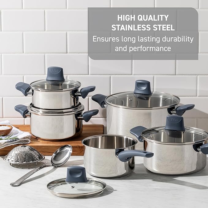 T-fal Essentials Stainless Steel Saute Pan with Lid 3.5 Quart, Induction Compatible, Oven Safe 350F, Perfect For Sautéing, Browning, & Simmering, Saucepan, Measuring Marks, Dishwasher Safe Silver/Blue