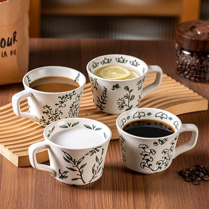 Ceramic Mugs 11 oz Set of 4, Unique Luxurious Stoneware Cups for Coffee Milk Latte Cappuccino Tea, Office Home Kitchen Use, Dishwasher Microwave Freezer Safe, Mixed Green