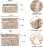 Set of 3 Seagrass Woven Storage Basket with Handles, Natural Wooden Bead Decoration for Blankets Toys Clothes Shoes Organizer, Cube Bins for Shelves Living Room Bedroom Nursery Home Decor
