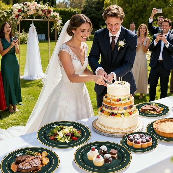 WDF Partyware 175PCS Green Plastic Plates - Green and Gold Disposable Plates 25Guests Plastic Plates with Rolled Napkins for Birthday/Party/Wedding