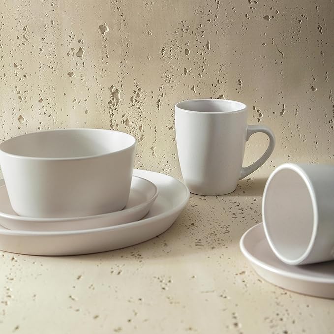 Stone Lain Albie Stoneware 16 Piece Modern Dinnerware Set, Plates and Bowls Sets, Service for 4, White Speckled, Microwave & Dishwasher Safe