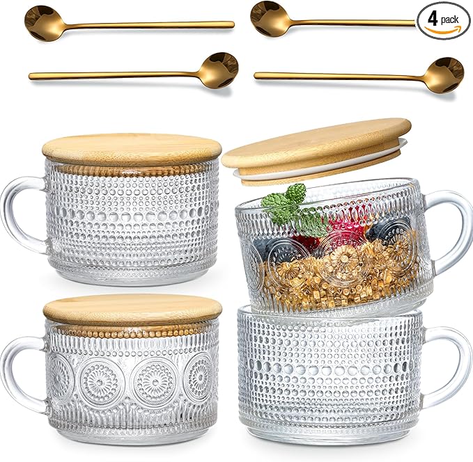 4pcs Set Vintage Coffee Mugs gifts for women, Overnight Oats Containers with Bamboo Lids and Spoons - 14oz Clear Embossed Glass Cups, Cute Coffee Bar Accessories, Iced Coffee Glasses