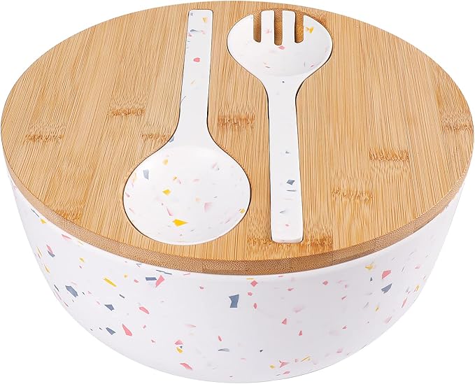 ECOWAY Melamine Salad Bowl with Bamboo Lid & Servers, Bamboo Fiber Salad Serving Bowl 4Qt, Salad Mixing Utensils with Tongs Spoon for Salad, Fruit, Soup, Vegetables, Pasta, Dessert Bowls, 9.84 Inches