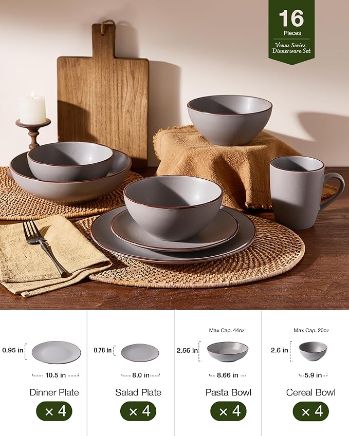 Famiware Venus Speckled Dinnerware Set with Pasta Bowls for 4 (16 Pieces), Stoneware Plates and Double Bowls, Matte Dark Gray - Microwave & Dishwasher Safe Dishes with Trim for Everyday & Formal Use