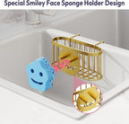 SWTYMIKI Sponge Holder for Kitchen Sink - Movable Sink Caddy with Smiley Face Sponge Holder, Rustproof Hanging Sponge Organizer in Double Bowl Sinks Depth>3.15in, Middle Divider<1.5in, Gold