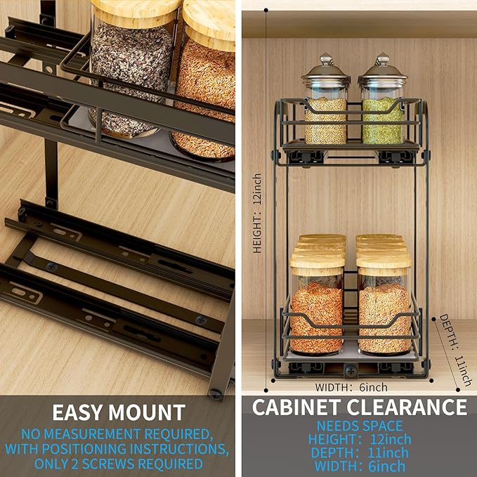 Spice Rack Organizer for Cabinet, 2 Tier Pull Out Spice Organizer for Cabinet Height Adjustable Heavy Duty Metal Basket for Inside Cabinets & Pantry Closet (5.5''Wx10.5''Dx9.5''H)