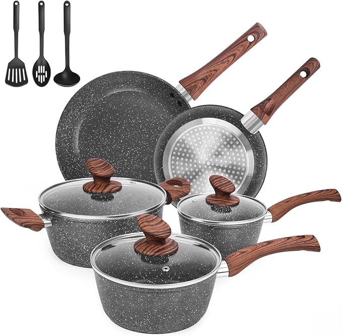 Granite Pots and Pans Set Non Stick, 11 Piece Die-Cast Induction Cookware Set, Nonstick Kitchen Cooking Set w/Frying Pans & Saucepans, PFOA Free