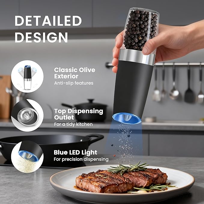 Gravity Electric Salt and Pepper Grinder set of 2, Automatic Salt And Pepper Grinder Set, Adjustable Roughness, Battery Powered, LED Light, 2 Pack, (Black)