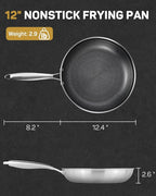 12" Hybrid Nonstick Frying Pan, Large Stainless Steel Ceramic Nonstick Skillet, Non Stick Pan for Family Meals & Steak, Stay-Cool Handle, Induction Compatible, Oven Safe