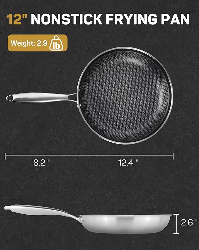 12" Hybrid Nonstick Frying Pan, Large Stainless Steel Ceramic Nonstick Skillet, Non Stick Pan for Family Meals & Steak, Stay-Cool Handle, Induction Compatible, Oven Safe