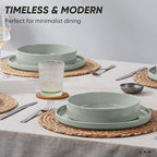 E-far Dinnerware Sets with Pasta Bowls, 24-Piece Stoneware Plates and Bowls Sets for 6 | Microwave & Dishwasher Safe Kitchen Modern Dish Set, Speckled Green