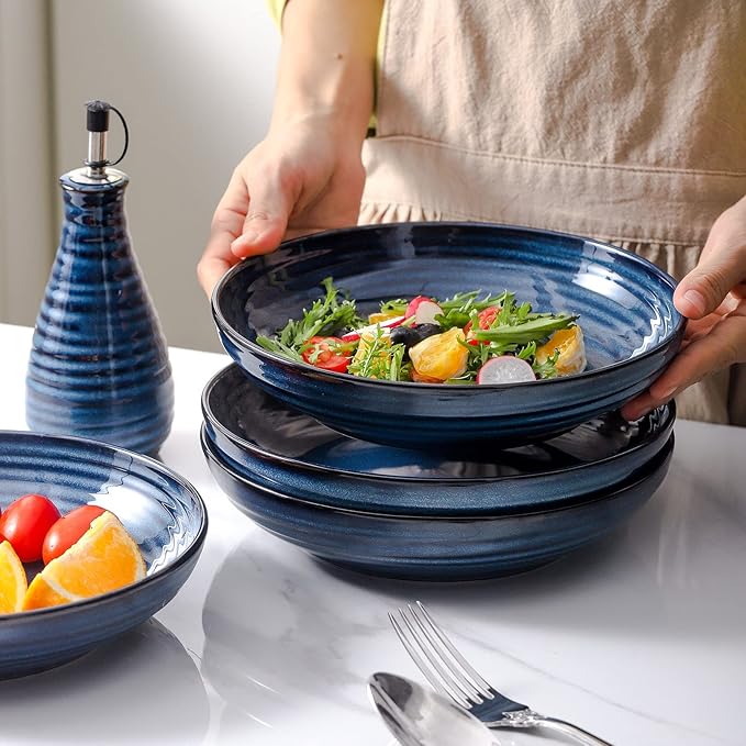 HASENSE Pasta Bowls Set of 2, 8.7 Inch Ceramic Salad Serving Bowls for Kitchen, 32 Ounce Shallow Bowls for Pasta Soup Salad Dinner, Microwave Dishwasher Safe, Navy Blue
