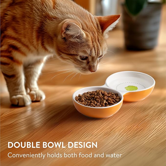 Navaris Twin Feeding Bowls for Small Pets - Durable Double Ceramic Bowl Set for Rabbits, Guinea Pigs - Ideal Food & Water for Kitten, Puppy - Space-Saving & Easy to Clean - Orange