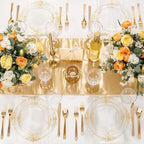 Hioasis 300pcsClear and Gold Plastic Plates - Disposable Dinnerware Set Perfect for 50 Guests include 50 Dinner Plate, 50 Dessert Plate, 50 Forks,50 Spoons, 50 Knives, 50 Cups (NO Napkins Included)