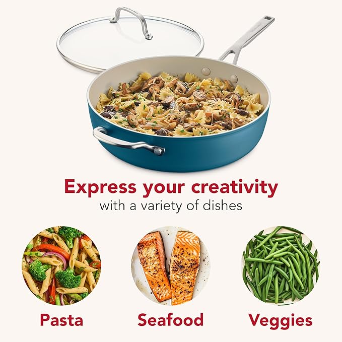KitchenAid Hard Anodized Ceramic Induction Nonstick Cookware Saute Pan/Jumbo Cooker with Lid and Helper Handle, Dishwasher Safe, 5 Quart Non Stick Sauteuse with Stainless Steel Handles - Agave Blue