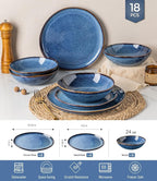 GBHOME Stoneware Dinnerware Sets for 6, 18 Pieces Rustic Ceramic Plates and Bowls Set, Handmade Reactive Glaze Plate Sets, Highly Chip Resistant Dishes, Microwave & Dishwasher Safe, Sea Blue