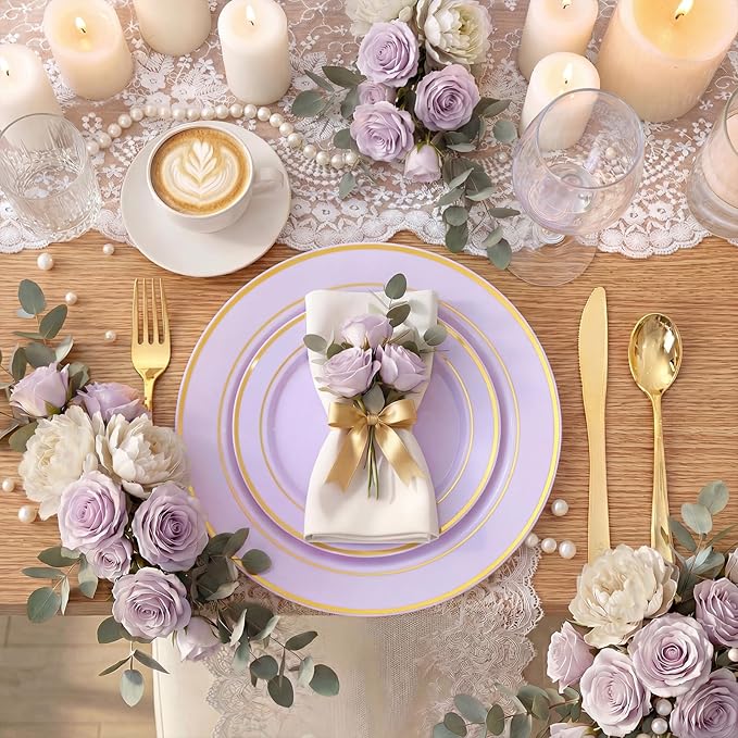 WDF Partyware 175PCS Purple Plates Disposable - Lavender Plastic Plates 25Guests Plastic Dinnerware with Rolled Napkins for Birthday/Spring/Baby Shower/Mother's Day