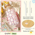 Mumufy 4 Pack Bridesmaid Gift Glass Cups, Cute Flower Mason Jars with Bamboo Lids & Straws, 16oz Iced Coffee Tumblers for Wedding, Bridal Party, Birthday, Mother's Day(Pastel Flower)
